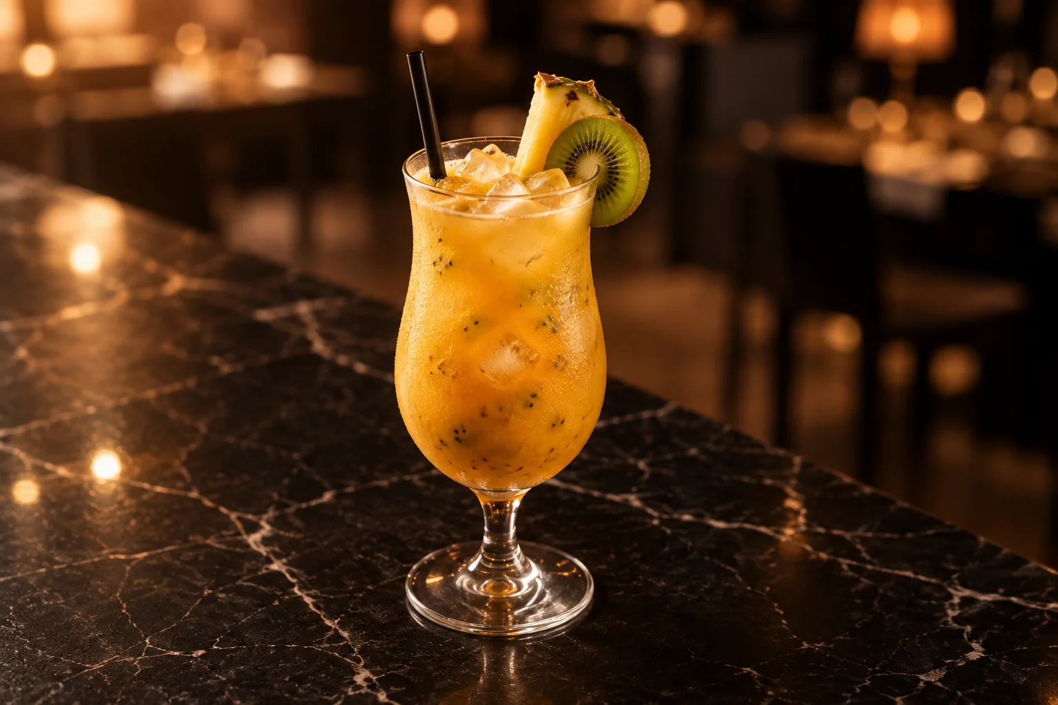 Un cocktail jaune-orangé garni de kiwi et d'ananas, posé sur un comptoir en marbre noir.