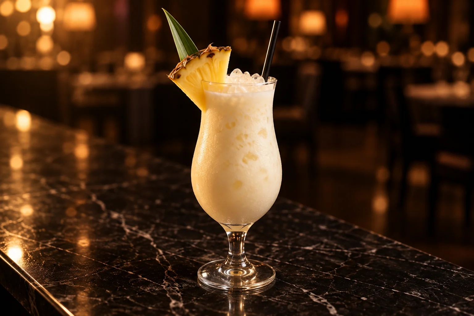Un cocktail blanc crémeux avec une tranche d'ananas et une feuille verte, sur un comptoir en marbre noir.