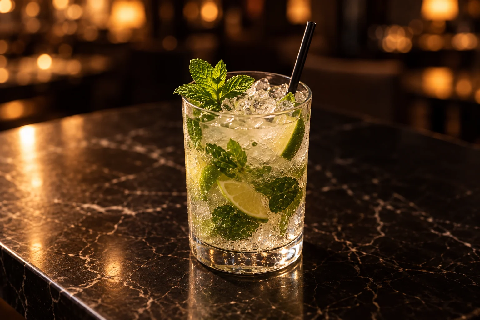 Un verre rempli de glace pilée, de feuilles de menthe et de rondelles de citron vert, sur un comptoir en marbre noir.