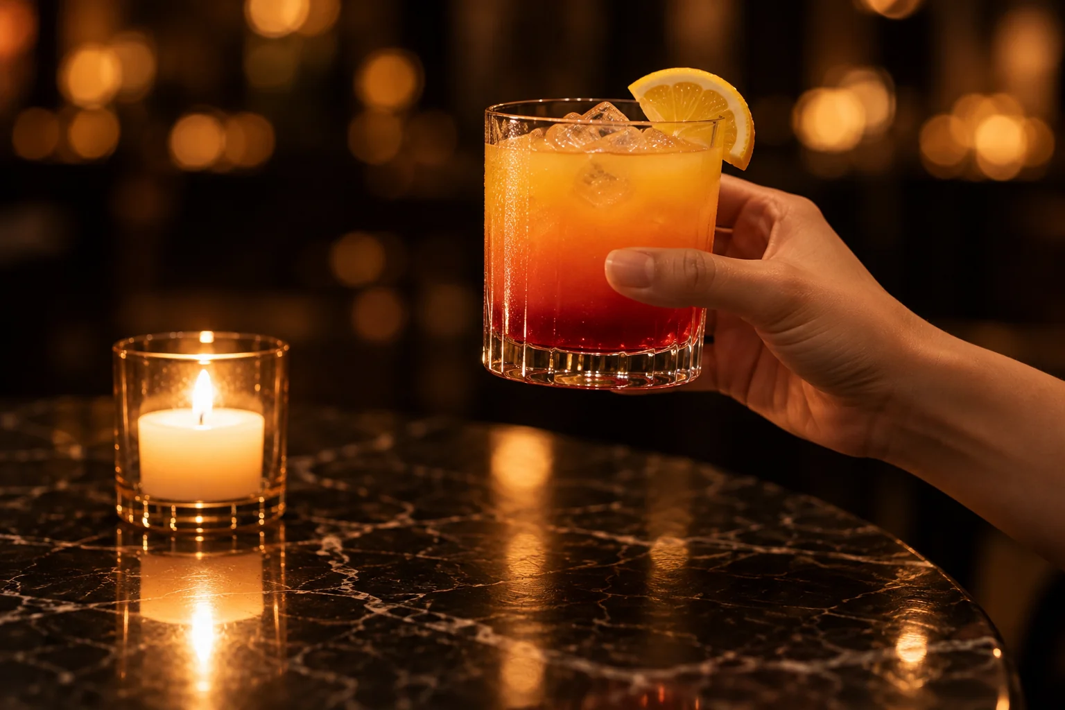 Une main tient un verre de cocktail dégradé orange et rouge, garni d'une tranche d'agrume, près d'une bougie allumée sur une table en marbre noir.