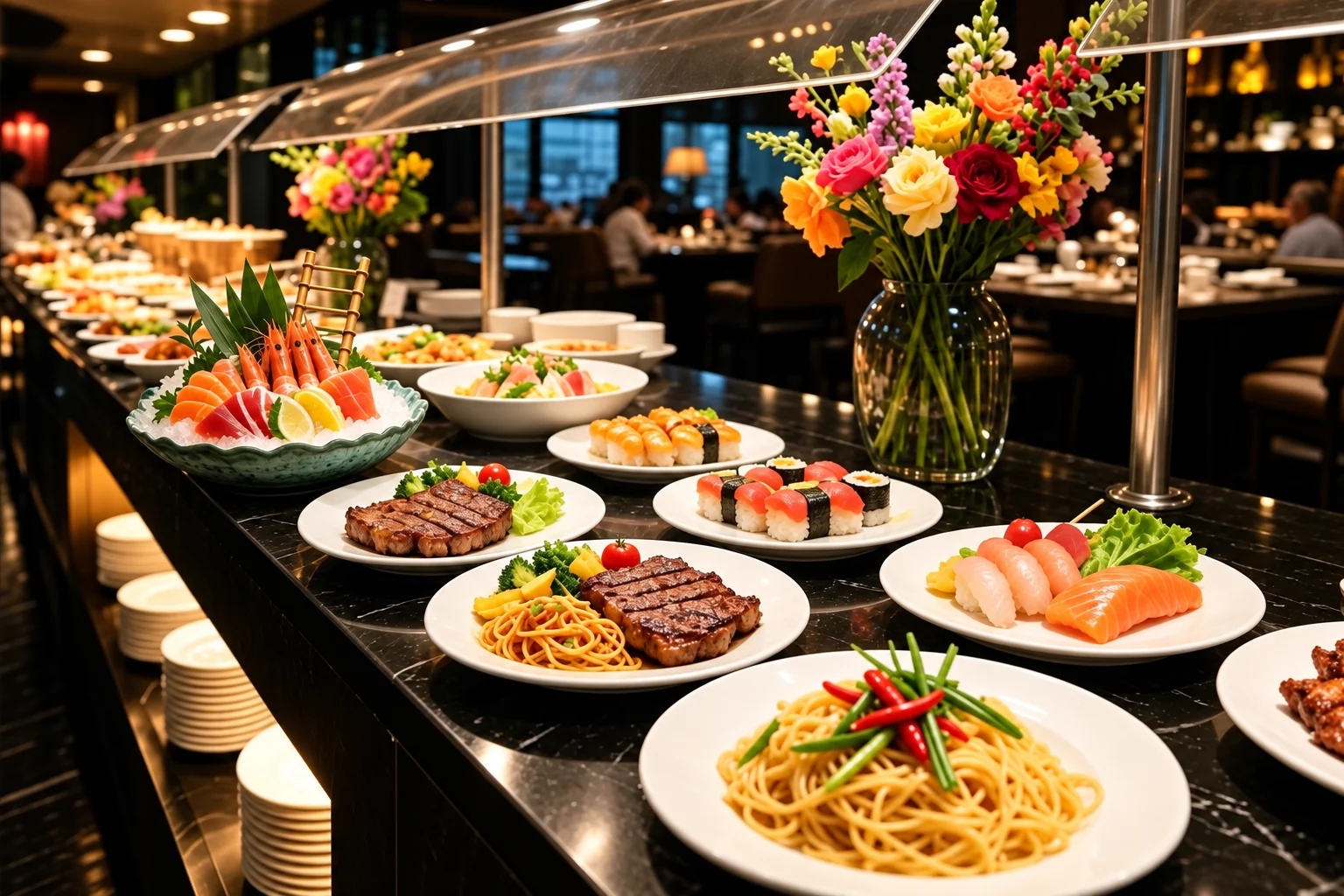 Un comptoir de buffet en marbre noir avec des assiettes de sashimis sur glace, de bœuf grillé, de nouilles sautées, de makis et de saumon, et un bouquet de fleurs.
