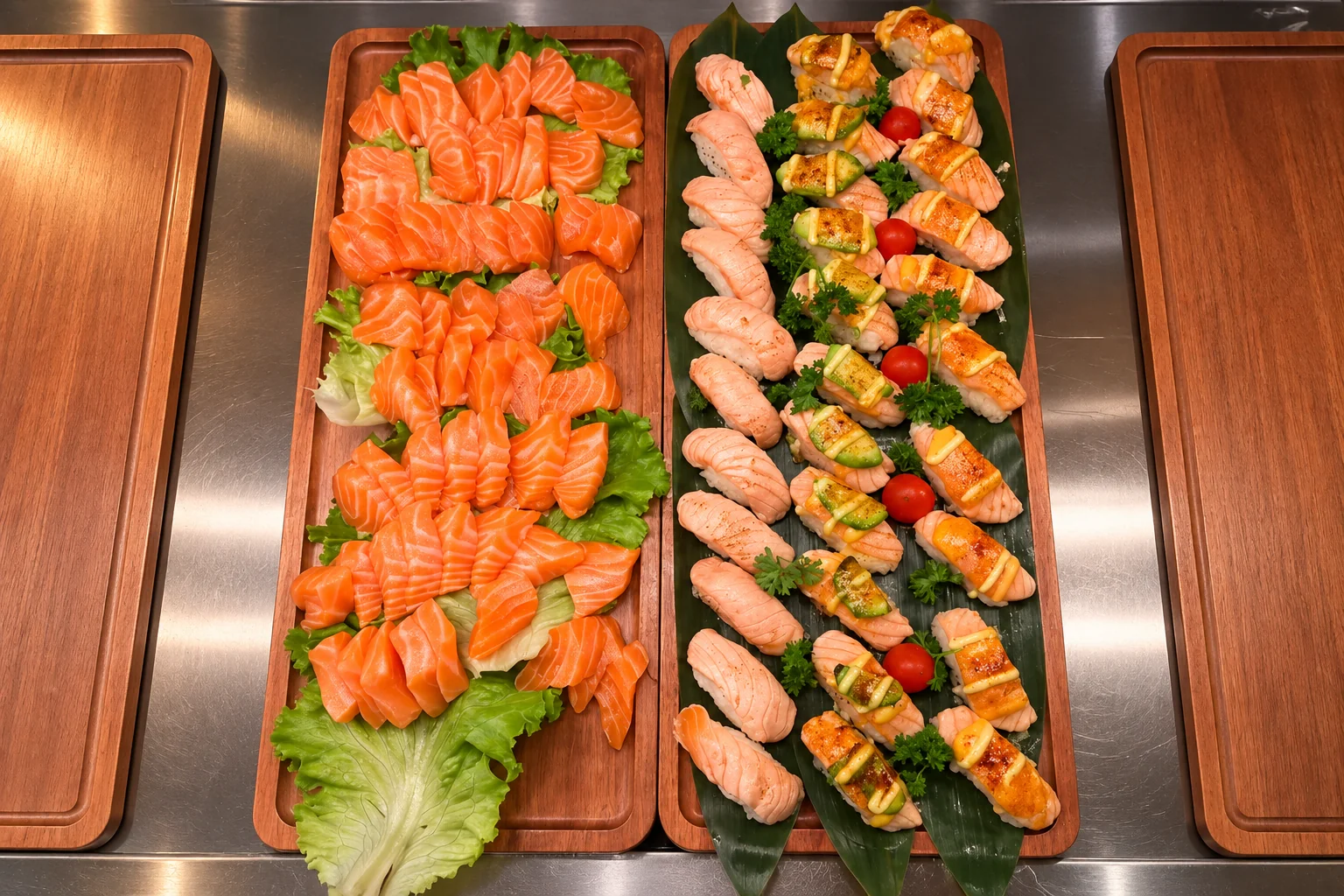 Deux planches en bois : des tranches de sashimi de saumon sur des feuilles de salade, et des nigiris de saumon, certains nappés de sauce, sur une grande feuille verte avec des tomates cerises.