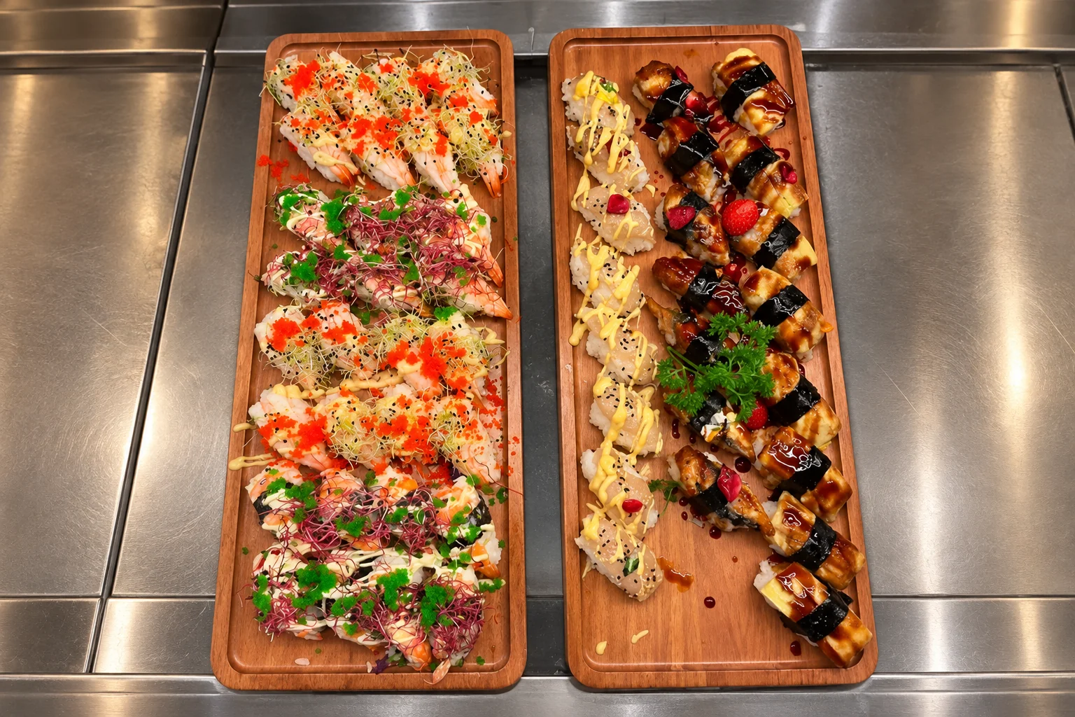 Deux planches en bois de sushis garnis : l'une de sushis couverts d'œufs orange, de graines et de pousses, l'autre de sushis nappés de sauce crémeuse et de sushis glacés d'une sauce brune, entourés d'algue.