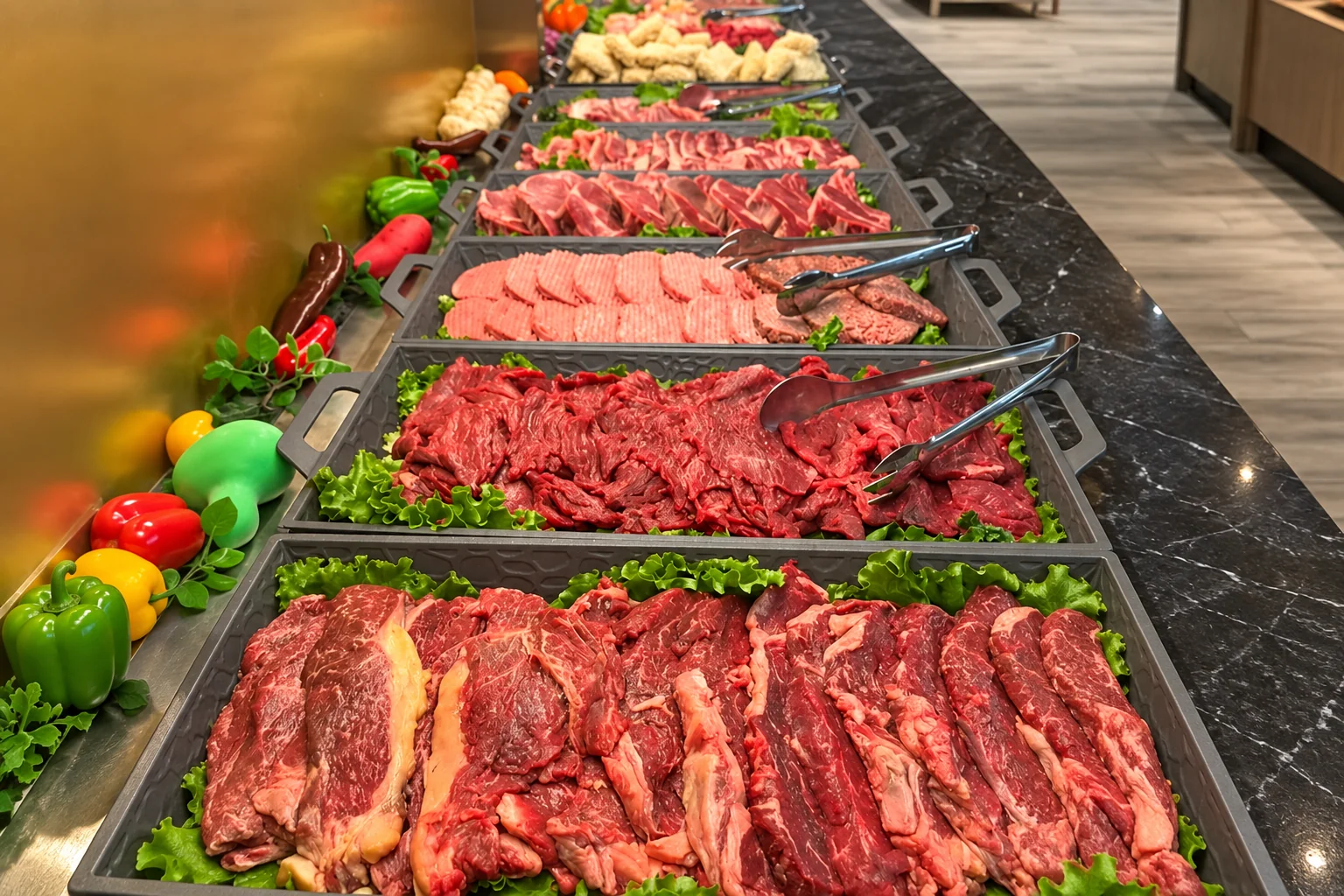 Des bacs de viande crue tranchée, avec des pinces de service, et des poivrons colorés posés sur le bord du comptoir.