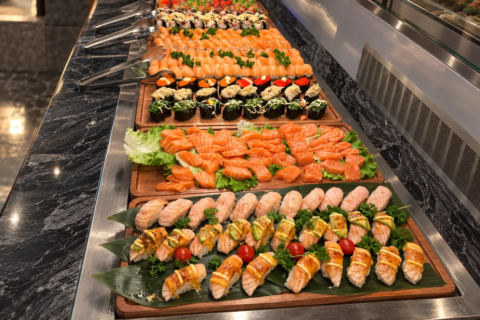 Trois planches en bois : des nigiris de saumon, certains nappés de sauce, avec des tomates cerises sur une feuille verte, des tranches de saumon sur de la salade, et de petits makis garnis.