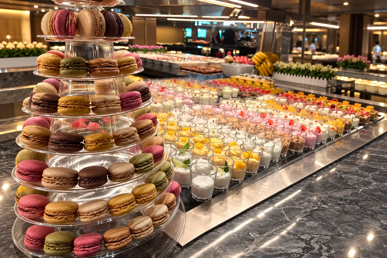 Une tour de macarons colorés et des rangées de verrines de desserts sur le buffet.
