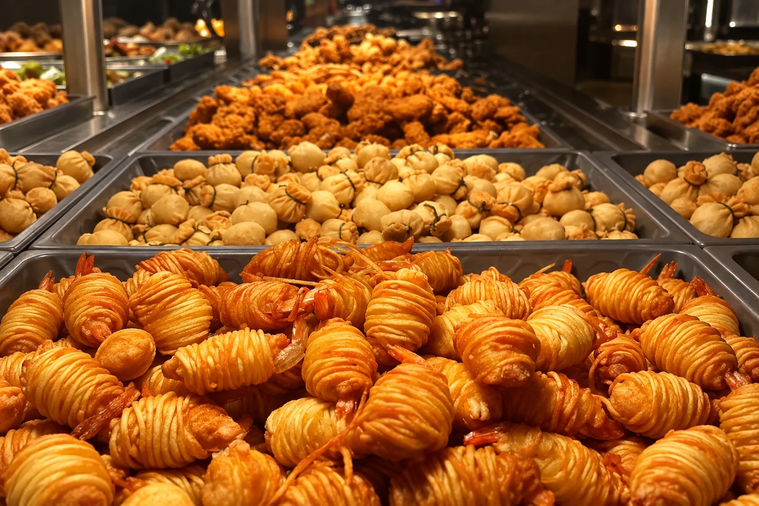Des bacs de fritures dorées : des rouleaux croustillants au premier plan, des boulettes claires au milieu, des bouchées brunes au fond.