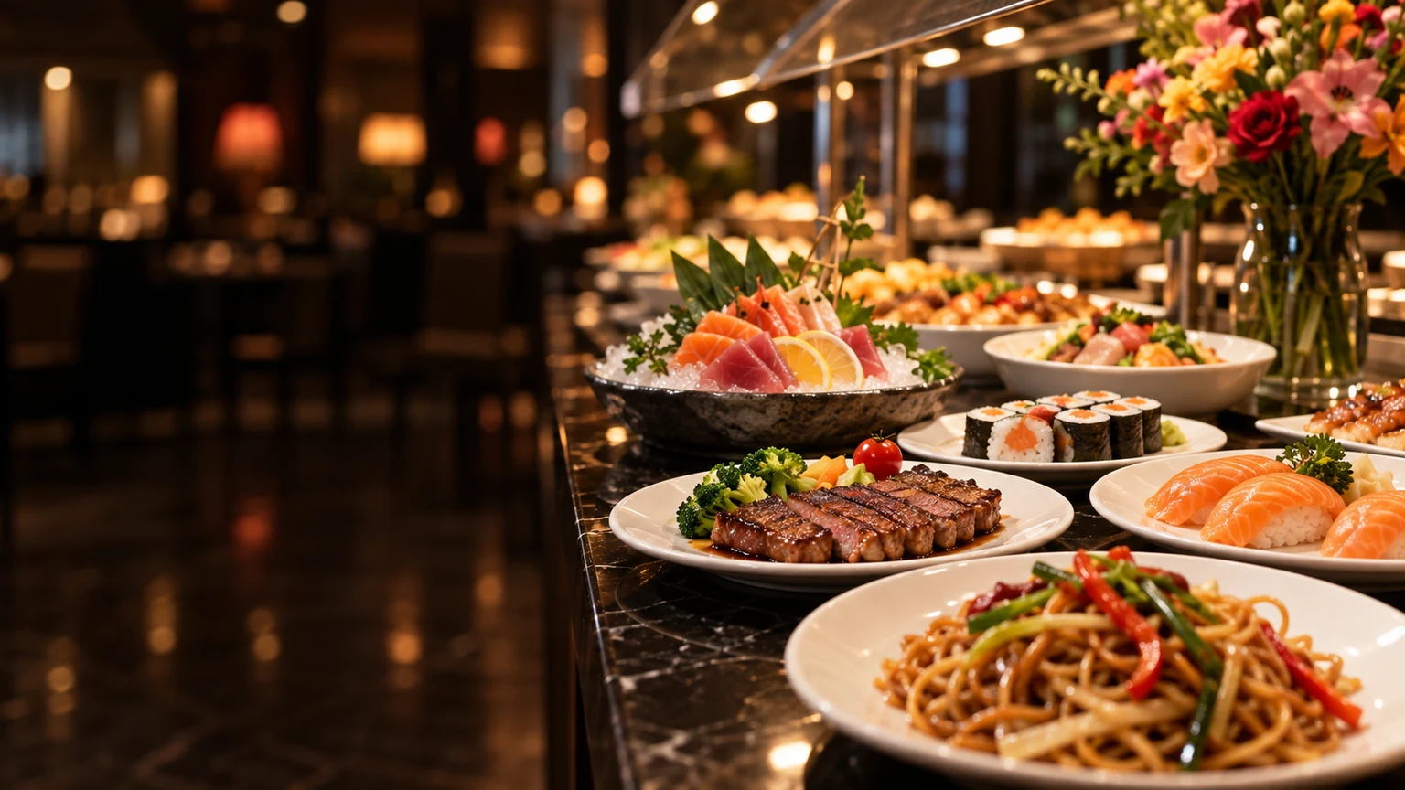 Un comptoir de buffet en marbre noir : sashimis sur glace, tranches de bœuf grillé, makis, sushis au saumon et nouilles sautées, avec un bouquet de fleurs.